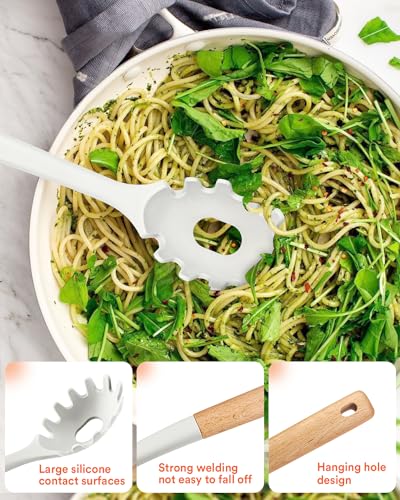 Kitchen Utensils Set, 13PCS Silicone Cooking Utensils, Heat Resistant Kitchen Utensil Spatula Set for Nonstick Cookware, Wooden Handles Kitchen Gadgets Tools Set - color: White