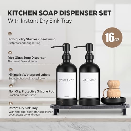 Kitchen Soap Dispenser Set with Instant Dry Tray,16 Oz Hand and Dish Soap Black Glass Dispenser Set,Stainless Steel Pump,Waterproof Labels&Dish Brush,Luxury Soap Bottle for Kitchen,Bathroom - color: Black Bottle+black Pump