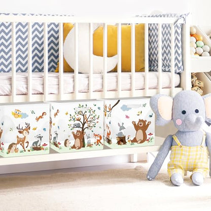 Clastyle 11.8" Animal Storage Basket Set of 3 for Kid Toy Clothes Bin | Collapsible Fabric Book Bin, Metal Frame Bottom Board, Cube Organizer, Closet Nursery Pantry Shelf Bedroom, Woodland Bear - color: Bear Giraffe