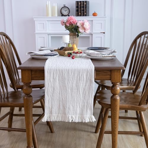 Simple&Opulence Linen Cotton Table Runner - 14 x 72 Inch, Farmhouse Linen Table Runner with Fringed Edges for Bohemian Rustic Wedding, Bridal Shower, Dinner （ Linen ） - size: 14"x72", style: Linen