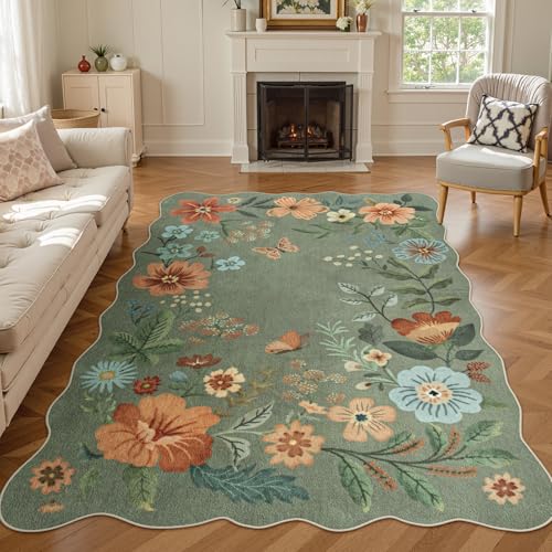 Lahome Floral Living Room Rugs, Area Rugs 5x7 Rug for Bedroom Ultra-Thin Soft Rug, Non-Slip Washable Rugs Stain Resistant Boho Rug Flore Throw Rug for ‎Dining Room Office (5x7ft,Green) - color: Green, size: 5' x 7'(Rectangular)