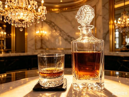 Lion Head 14-Piece Crystal Whiskey Decanter Set - 750ml Lead-Free Hand-Blown, 2 Glasses, 6 Stainless Stones, Coasters & Pine Gift Box - Engraving Ready for Him, Birthday Anniversary