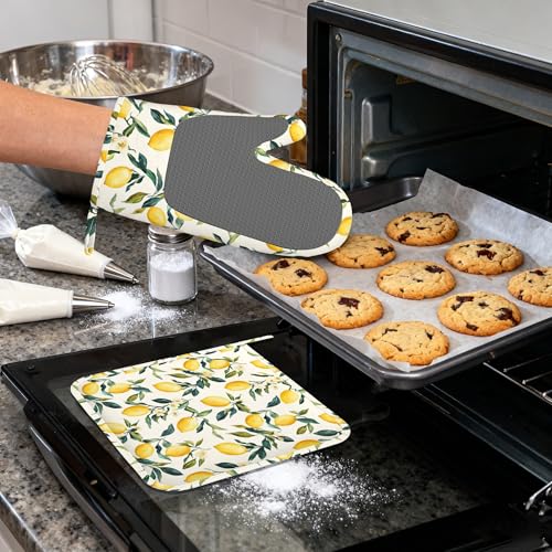 Retro Lemon Floral Silicone Oven Mitts and Pot Holders,Heat-Resistant 4 Piece Kitchen Set Non-Slip Oven Gloves and Hot Pads for Cooking, Baking, Grilling,BBQ - color: Retro Lemon Floral