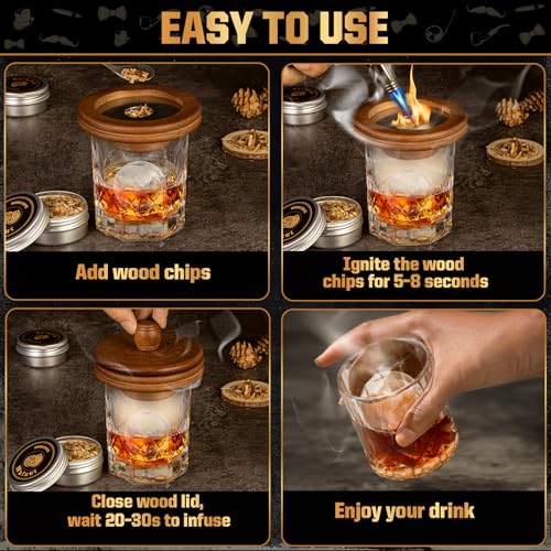 Whiskey Smoker Kit with Torch- 6 Wood Chip Flavors, 4 stainless steel ice cubes - Cocktail Smoker Infuser Kit for Bourbon & Old Fashioned, Birthday Whiskey Gifts for Men, Dad(No Butane, No Glass)