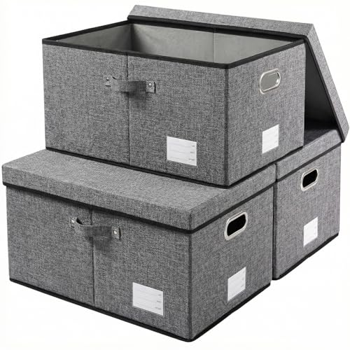 Storage Bins with Lids [3-Pack] Linen Fabric Foldable Storage Boxes Organizer Containers Baskets Cube with Cover for Bedroom Closet Office Grey(23.4X15.9X11.4) - color: Gray, size: XL(3-Pack)
