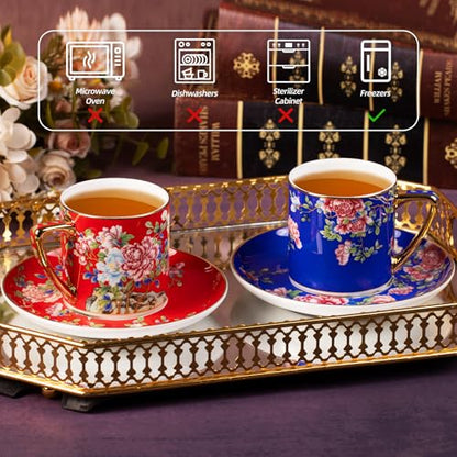KAMMAK Tea Cup and Saucer, Ceramic Coffee Cups, 7.4 oz, Set of 2 | Porcelain Tea Cups with Saucers for Coffee and Cappuccino, Ideal for Breakfast, Afternoon Tea and Entertaining,631+632N - style: 631N+632N