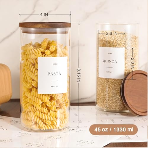3 Pack Glass Containers with Acacia Lids, 45oz Pantry Airtight Storage Jars | Kitchen Canister Set with 105 Labels, Pantry Food Storage Containers with Wood Lids for Oats, Flour, Coffee, Sugar, Pasta - size: 45oz 3 Pack