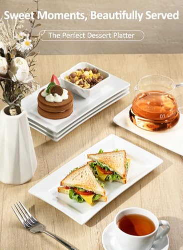Porcelain Rectangular Dinner Platters, 9.75 Inch Rectangle Serving Plates for Sushi, Snacks, Cake, Meat & Appetizers, Set of 4, Elegant White Design | Durable Ceramic Serving Trays for Snacks, Steak, Sushi, Desserts and Parties, Stackable, Dishwasher/Micr