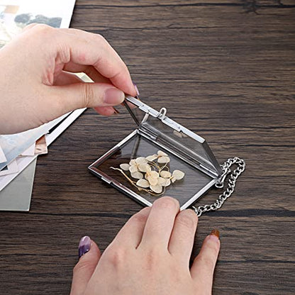 JUXYES Picture Frame, Set of 4 Mini Floater Frame, 3x2 inch, Brass, Glass, Silver, Wall Mount, Modern/Contemporary, Unisex Adult | 4 Pack Wallet Size Tiny Frame Ornament for Xmas Tree Party Wall Decor, Small Silver Brass Floating Display Frame with Chain