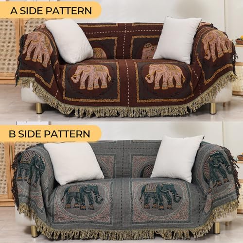Elephant Pattern Boho Throw Blanket for Bed Couch 60"×80" Brown | 4-Layer Gauze Breathable Reversible Muslin Blanket,Soft Lightweight All Season Quilt with Fringe,Multi-purpose Blanket - color: Brown Elephant, size: 60''x80''
