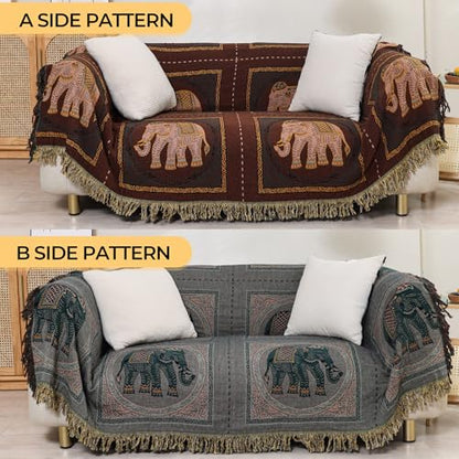 Elephant Pattern Boho Throw Blanket for Bed Couch 60"×80" Brown | 4-Layer Gauze Breathable Reversible Muslin Blanket,Soft Lightweight All Season Quilt with Fringe,Multi-purpose Blanket - color: Brown Elephant, size: 60''x80''
