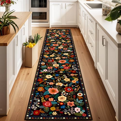 Floral Washable 2x10 Area Rugs Runner Entryway Hallway Black | Flower Carpet, Print, Boho, Non-Slip, Easy to Clean, Low Pile, Soft, for Living Room Bedroom Kitchen Office Entrance - color: Black, size: 2' x 10' (Runner)