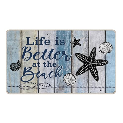 Life is Better at The Beach Welcome Front Door Mat, Coastal Nautical | Starfish Decorative Doormat Non-Slip Floor Entryway Rug, Farmhouse Low Profile Indoor Outdoor Home Kitchen Decor 17'' x 29'' - color: Beach