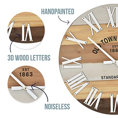 24" Wooden Multi-Color Maritime Coastal Beach Large Roman Wall Clock (Wood, 24 inch) - color: Roman Wood, size: 24 inch