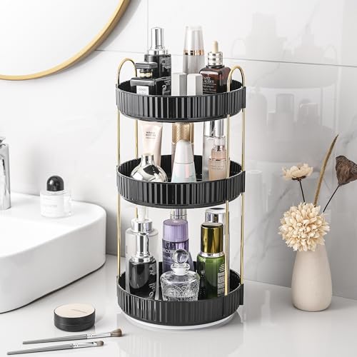 Aveniee 360 Rotating Makeup Organizer for Vanity, Large Spinning Bathroom Counter Organizer Shelf Holder for Cosmetics, Skin Care, Lipsticks,3 Tiers, Black - color: Midnight Black, size: Standard-3 Tier