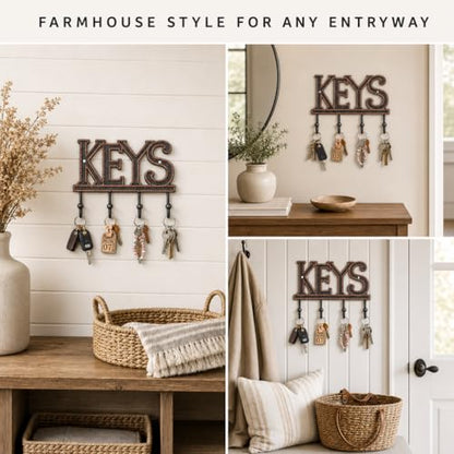 Comfify Copper-Black Cast Iron Key Holder for Wall – Keys Sign with 4 Hooks | Warm copper and black antique finish; mounting hardware included; entryway, hallway or door; 6"H x 8"L; holds 8 keychains - color: Copper with Black