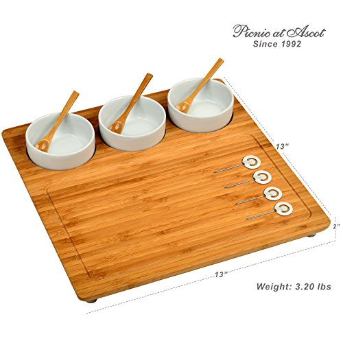 Picnic at Ascot Bamboo Cheese Board/Charcuterie Platter - Includes 3 Ceramic Bowls with Bamboo Spoons & Cheese Markers -13"x 13"- Designed and Quality Checked in the USA