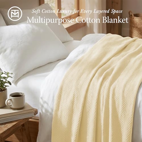 Threadmill Cotton Twin Blanket, Herringbone, Vanilla Cream, 68x92 in | 100% Cotton, Herringbone Pattern, 350 GSM, 68x92 in, All-Season, OEKO-TEX Certified, Machine Washable - color: Vanilla Cream, size: Twin (68" x 92")