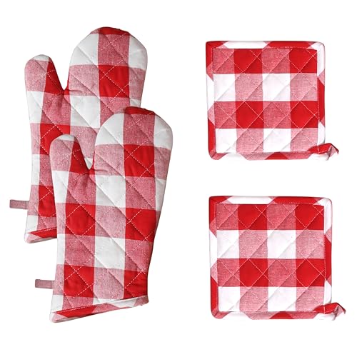 Native Fab Buffalo Plaid Check Oven Mitts and Pot Holders Set of 4, 100% Cotton Heat Resistant Kitchen Gloves, 2 Oven Mitts (7x13), 2 Pot Holders (8x8) for Cooking & Baking, Red White - color: Buffalo, Red