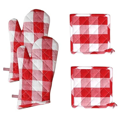 Native Fab Buffalo Plaid Check Oven Mitts and Pot Holders Set of 4, 100% Cotton Heat Resistant Kitchen Gloves, 2 Oven Mitts (7x13), 2 Pot Holders (8x8) for Cooking & Baking, Red White - color: Buffalo, Red