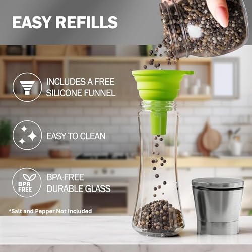 Home EC Premium Stainless Steel Sea Salt and Pepper Grinder Set of 2 - Adjustable Ceramic - Tall Glass Salt and Pepper Shakers - Kitchen Spice Mill W/Funnel & EBook - color: Clear Glass, size: 2pk