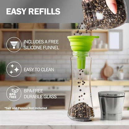 Home EC Premium Stainless Steel Sea Salt and Pepper Grinder Set of 2 - Adjustable Ceramic - Tall Glass Salt and Pepper Shakers - Kitchen Spice Mill W/Funnel & EBook - color: Clear Glass, size: 2pk