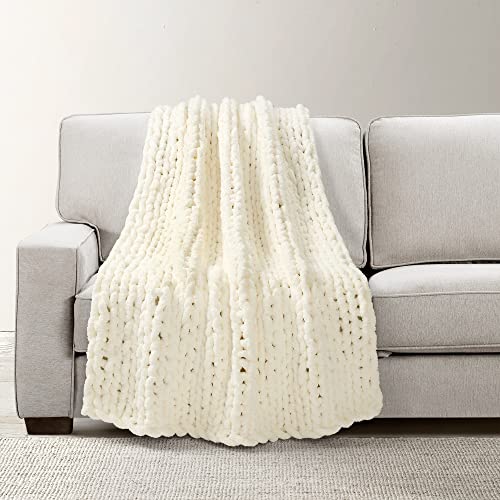 Lush Decor Hygge Ultra Soft Cozy Chenille Chunky Knit Throw Blanket Single 40" W x 50" L Ivory - Cream Throw Blankets for Bed - Cozy Couch Blanket - color: Ivory, size: 50" x 40"