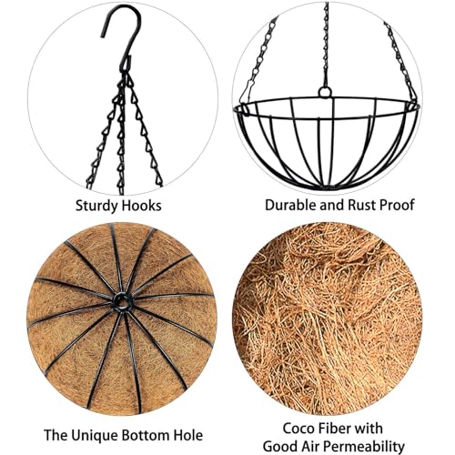 Kingbuy 12" Metal Hanging Basket for Herbs & Flowers – 6" Depth Rust-Resistant Wire with Coconut Liner & Adjustable Chains for Kitchen Window, Balcony & Garden - 2 Pack - size: 12 Inch, style: 2 Pack
