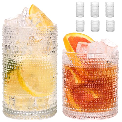 Moretoes Hobnail Drinking Glasses Set of 6, Vintage Water Glass Cups | 12 Oz Highball Glasses & 10 Oz Cocktail Glasses, Clear Embossed Boho Kitchen Bar Tumbler for Whiskey, Beer, Juice, Milk - color: Clear, size: 6pcs