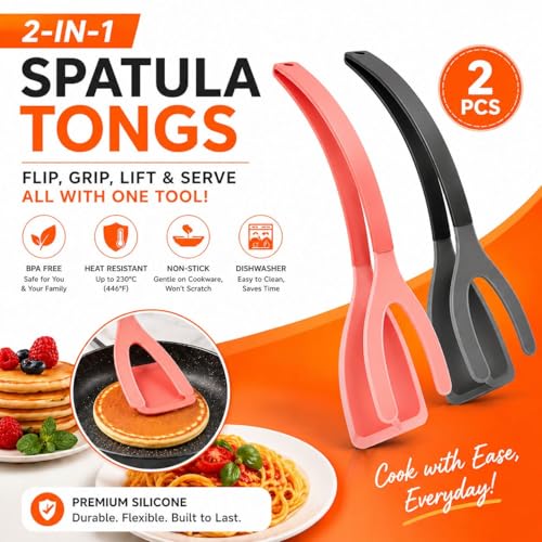 Silicone Spatula Tongs Set of 2 – Heat Resistant 2-in-1 Grip & Flip Non-Stick Cooking Tongs for Pancakes, Eggs, Fish & More – Silicone Kitchen Tool Set (Black & Red)