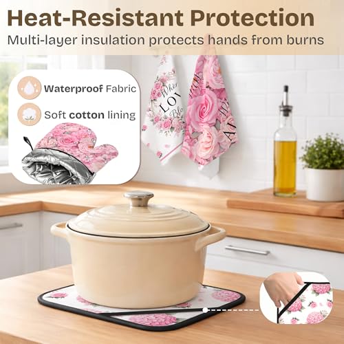 Pink Floral Kitchen Towel and Oven Mitt Set, 6 Piece Rose Floral Farmhouse Kitchen Accessories, Waterproof Heat Resistant Decor for Women