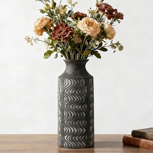 Black Ceramic Vase, 11 Inch Tall Vintage Flower Vase for Decor | Decorative Cylinder Vase Adds Farmhouse Charm to Centerpieces, Table, Shelf, Living Room,Bedroom - color: 201-1-11in