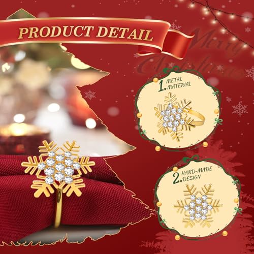 KPOSIYA 16pcs Snowflake Christmas Napkin Rings Set of 8 and 8 Christmas Napkins Cloth, Gold Napkins holdes for Dinning Table Setting Decoration, Xmas Dinner Tables Rings for Winter Party - size: 8pcs, style: Gold Snow