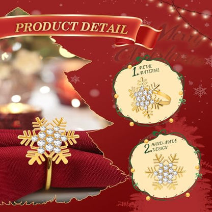 KPOSIYA 16pcs Snowflake Christmas Napkin Rings Set of 8 and 8 Christmas Napkins Cloth, Gold Napkins holdes for Dinning Table Setting Decoration, Xmas Dinner Tables Rings for Winter Party - size: 8pcs, style: Gold Snow