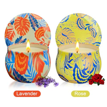 2 Pack Soy Candles Gift Set, 4.4 oz Aromatherapy Candles, Lavender and Rose Scents in Portable Tin Jars - for Home, Travel, Spa, Bath, Yoga
