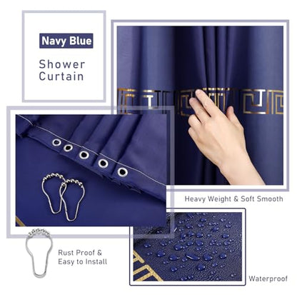 XLHOMO Bathroom Sets with Shower Curtain and Rugs Bathroom Accessories Set Navy Blue Bathroom Set,Soap Dispenser & Toilet Brush Holder Set with Stainless Steel Trash Can - size: Navy blue, style: Bath Set+Shower Curtain+Bath Rugs