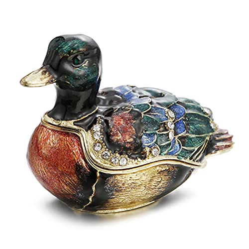 Hand Painted Enamel Duck Trinket Box for Home Decor, Hinged Jewelry Organizer for Ring Earrings, Unique Figurine Keepsake Collectible Personalized Elegant Handmade Ornament Gifts (Green Duck) - color: Green Duck