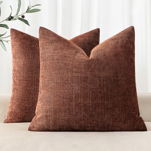 MIULEE Textured Chenille Throw Pillow Covers 18x18 Inch Red Taupe | Pack of 2 Decorative Soft Throw Pillows, Solid Textured Cushion Covers, Modern Home Decor for Couch Sofa Bedroom Living Room - color: Coconut Shell, size: 18" x 18" (Pack of 2)