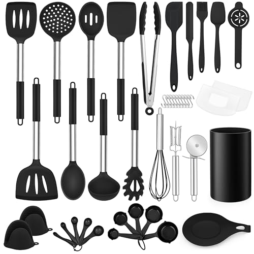 LIANYU 43 Pcs Kitchen Cooking Utensils Set, Silicone Cooking Utensils Spatula Set with Holder, Heat Resistant Kitchen Gadgets Tools for Nonstick Cookware Set, Stainless Steel Handle, Black - color: Black