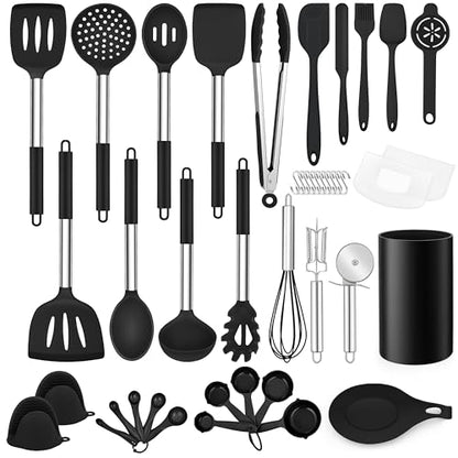 LIANYU 43 Pcs Kitchen Cooking Utensils Set, Silicone Cooking Utensils Spatula Set with Holder, Heat Resistant Kitchen Gadgets Tools for Nonstick Cookware Set, Stainless Steel Handle, Black - color: Black
