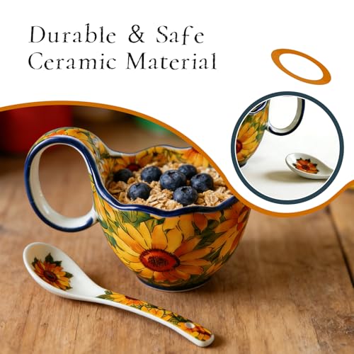 Sunflower Pattern Ceramic Soup Bowls with Handles - Decorative Soup Bowl Set for Breakfast Cereal/Yogurt (Including Spoon)