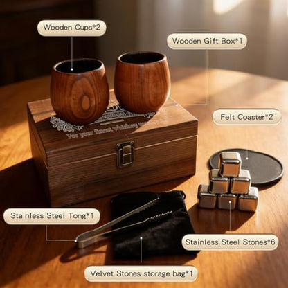 Wooden Whiskey Cup Gift Set with 6 Whiskey Stones | Includes 2 handcrafted wooden whiskey cups,6 stainless steel whiskey stones,gift box,coasters and tongs