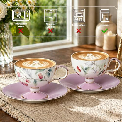 KAMMAK Tea Cups Set of 2,Ceramic Floral Pattern Demitasse Cup | Porcelain Espresso Cup with Saucer, 6.76 oz Handmade Elegant Bone China Tea Cups for Latte, Americano, Cappuccino - color: Cherry & Strawberry