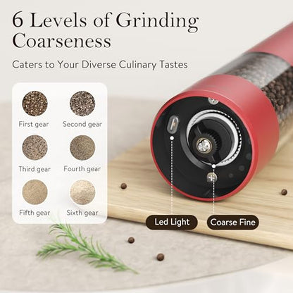 Ultrean Pepper Grinder, Rechargeable Salt and Pepper Grinder with 6 Adjustable Coarseness, LED Light, Automatic Salt and Pepper Shakers, Cooking Gifts Valentines Day Gifts for Women, Crimson Red - color: Crimson Red