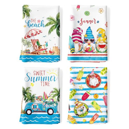 Summer Beach Gnome Tea Towels 4Pcs 19"×27.5", 100% Cotton Soft Kitchen Towel Hand Towels Multiple Uses Quick Dry Dish Cloth for Kitchen, Anniversary,Wedding, Decoration | 18.9 x 27.5 in / 48 x 70 cm, Lightweight Woven Dish Cloth with Beach Gnome Print for