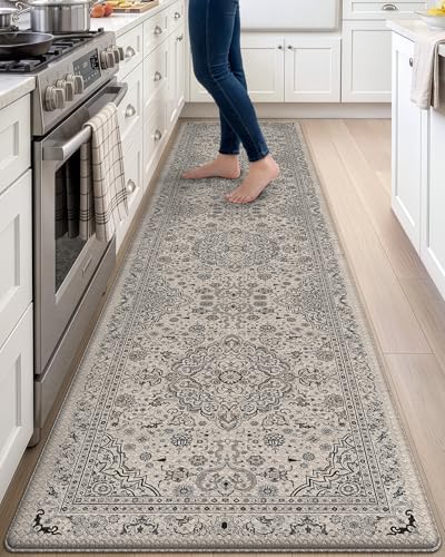 DEXI Kitchen Floor Mats Cushioned Anti Fatigue Runner 23x107 Beige Grey | Soft Comfort Memory Foam, Easy Care, Waterproof, Standing Padded Rug for Front Sink Laundry Office Farmhouse - color: Beige/Grey, size: 107"L x 23"W x 0.4"Th