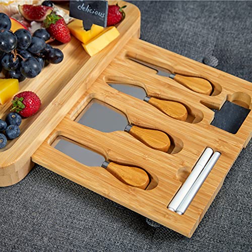 Bamboo Cheese Board and Knife Set with 2 Slide-Out Cutlery Drawers | Charcuterie Boards Set - Birthday Gifts for Women, Wedding Gifts for Couples , Bridal Shower Gifts - style: Large Cheese Board Set