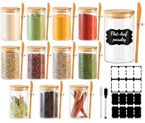 12 Pack 8 oz Round Glass Spice Jars with Lids and Spoons – Airtight Small Spice Containers Set with Labels, Clear Glass Storage Jars for Seasoning, Spices, Kitchen Pantry Organization - color: Round/8oz/12pcs/Spoon