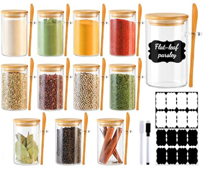 12 Pack 8 oz Round Glass Spice Jars with Lids and Spoons – Airtight Small Spice Containers Set with Labels, Clear Glass Storage Jars for Seasoning, Spices, Kitchen Pantry Organization - color: Round/8oz/12pcs/Spoon