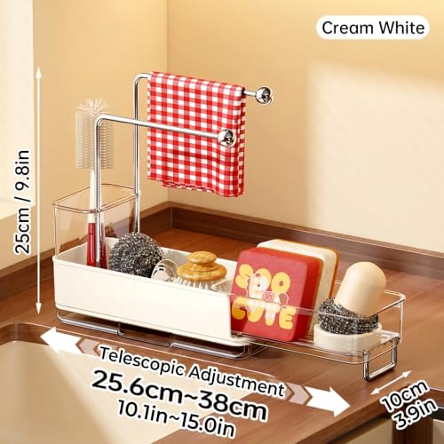 Expandable Kitchen Sink Caddy 25-38cm, 360° Rotating Sponge Holder & Brush | White, large, stretchable 25-38cm. Side brush holder, triple drainage, rust-proof.Ideal for sponge & kitchen sink accessories - color: White